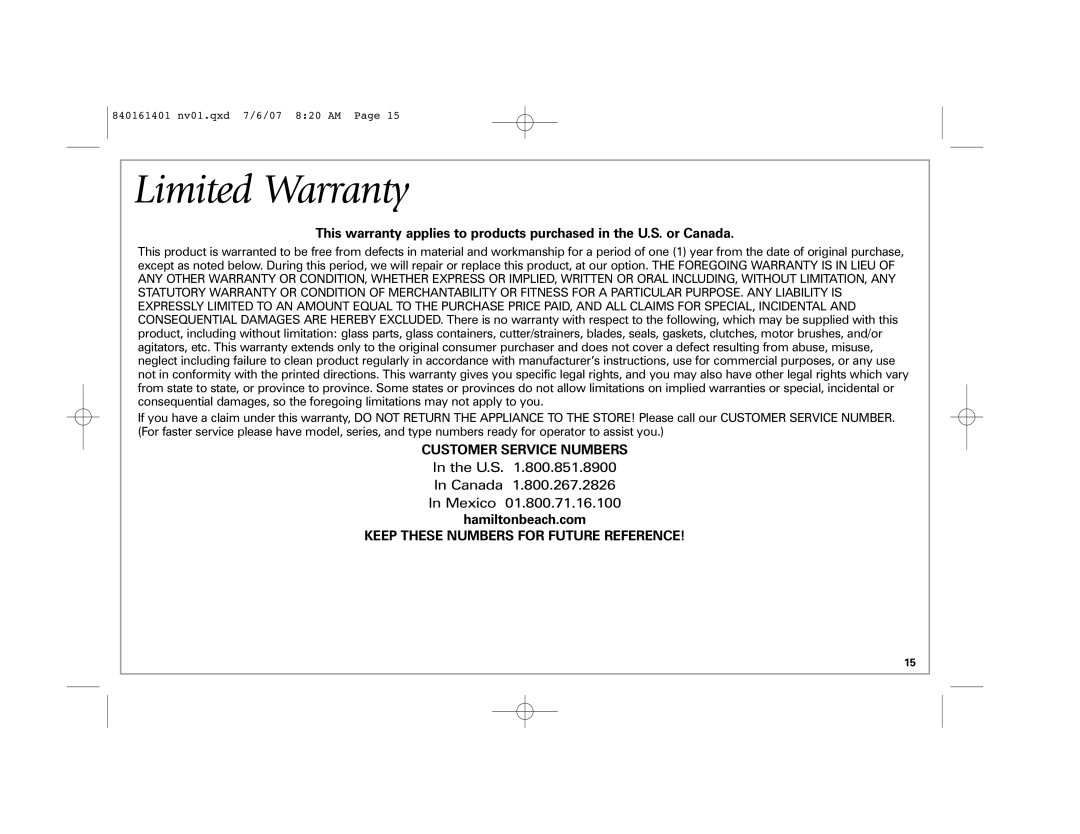 Hamilton Beach 33967C manual Limited Warranty, Customer Service Numbers, Keep These Numbers for Future Reference 