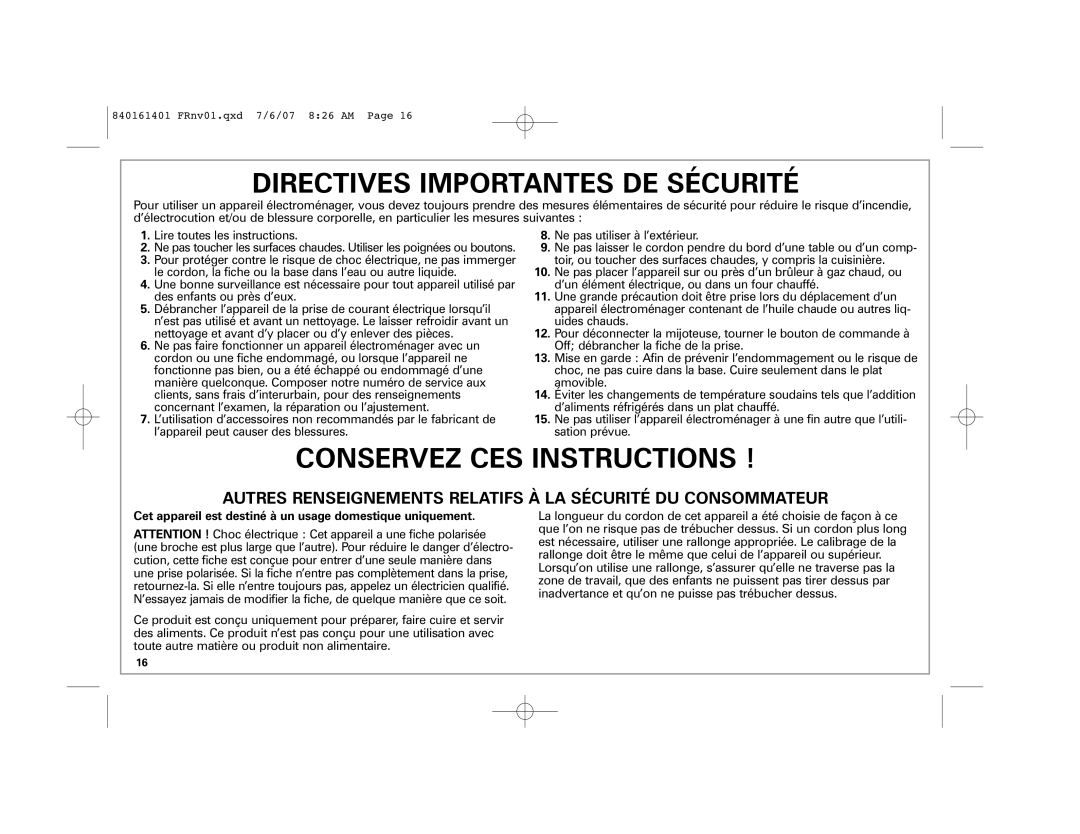 Hamilton Beach 33967C manual Directives Importantes DE Sécurité, Cet appareil est destiné à un usage domestique uniquement 