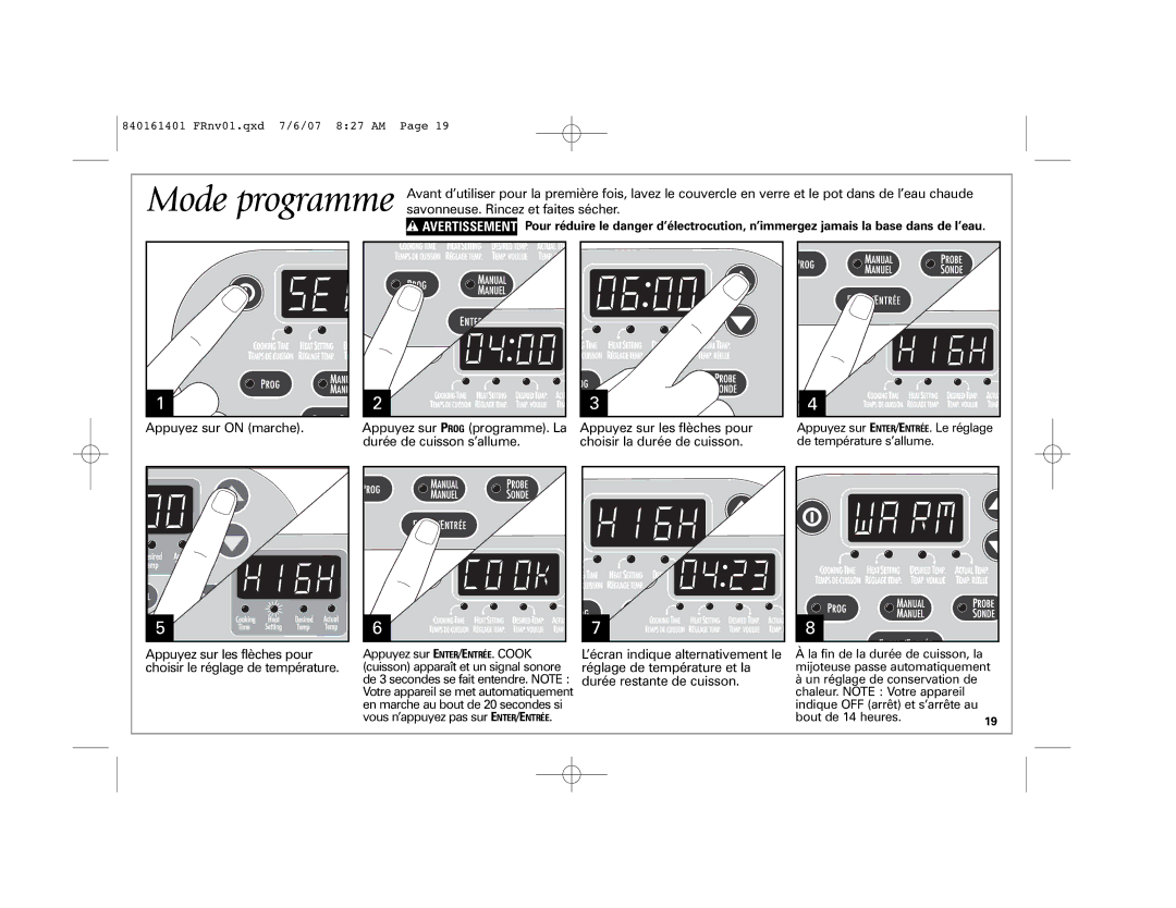 Hamilton Beach 33967C manual Appuyez sur on marche Appuyez sur Prog programme. La 