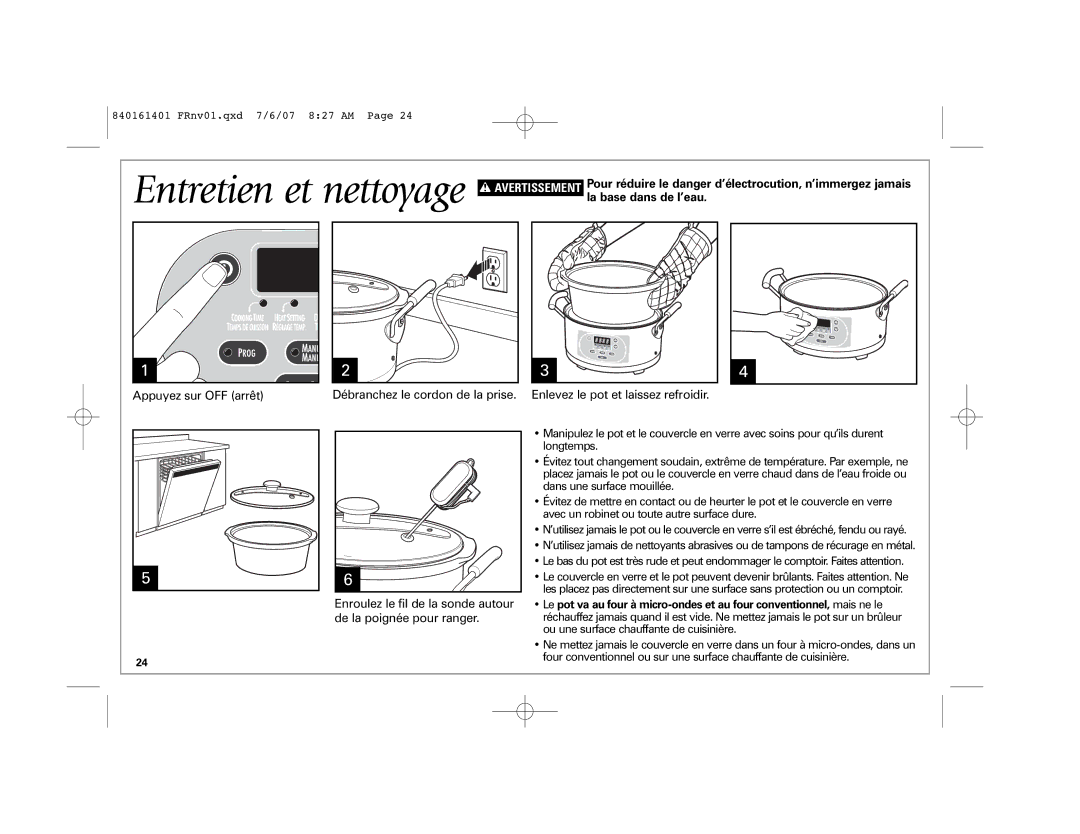 Hamilton Beach 33967C manual Entretien et nettoyage, La base dans de l’eau 