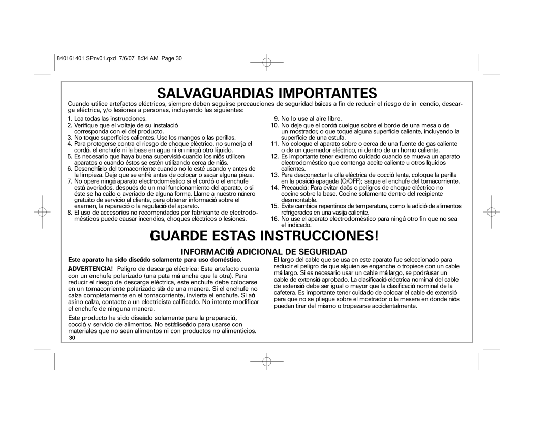 Hamilton Beach 33967C manual Salvaguardias Importantes, Este aparato ha sido diseñado solamente para uso doméstico 