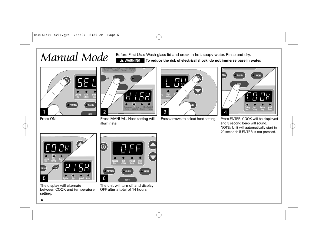 Hamilton Beach 33967C manual Manual Mode, Press arrows to select heat setting 