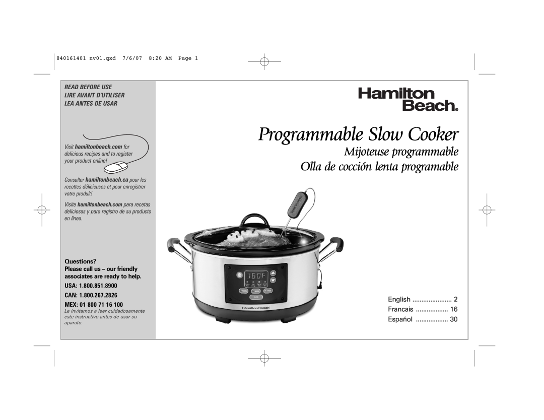 Hamilton Beach 33967C manual Programmable Slow Cooker, Read Before Use Lire Avant D’Utiliser, Lea Antes De Usar, English 