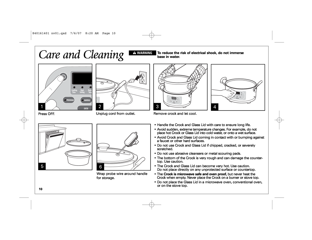 Hamilton Beach 33967C manual Care and Cleaning, w WARNING, base in water 
