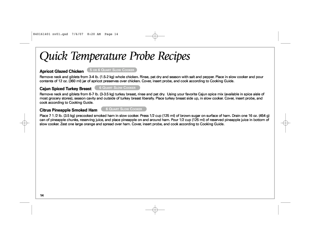 Hamilton Beach 33967C manual Apricot Glazed Chicken, Cajun Spiced Turkey Breast, Quick Temperature Probe Recipes 