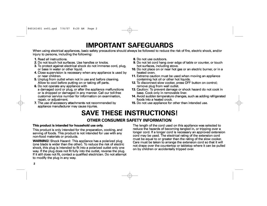 Hamilton Beach 33967C manual Important Safeguards, Save These Instructions, Other Consumer Safety Information 