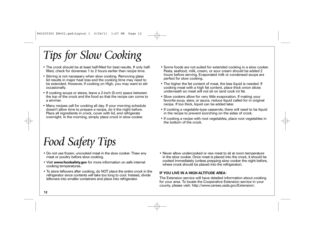 Hamilton Beach 33969 manual Tips for Slow Cooking, Food Safety Tips 