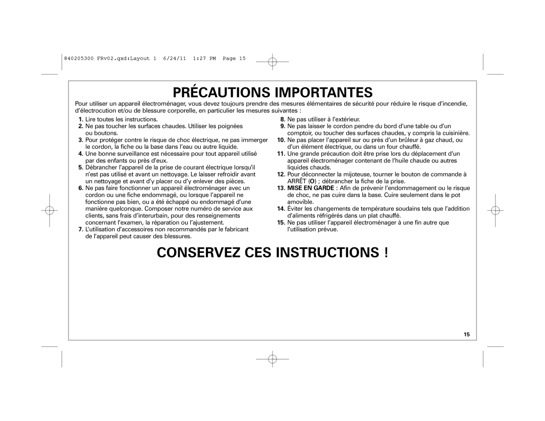 Hamilton Beach 33969 manual Précautions Importantes 