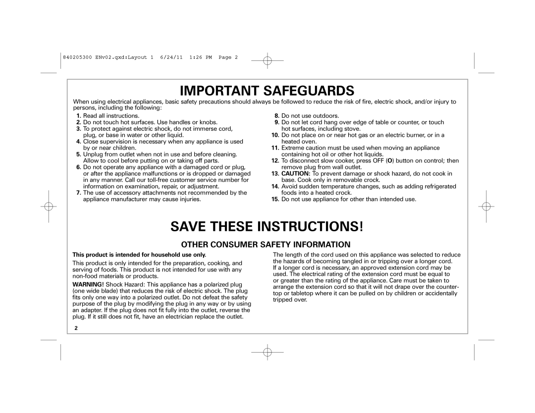 Hamilton Beach 33969 manual Important Safeguards, This product is intended for household use only 