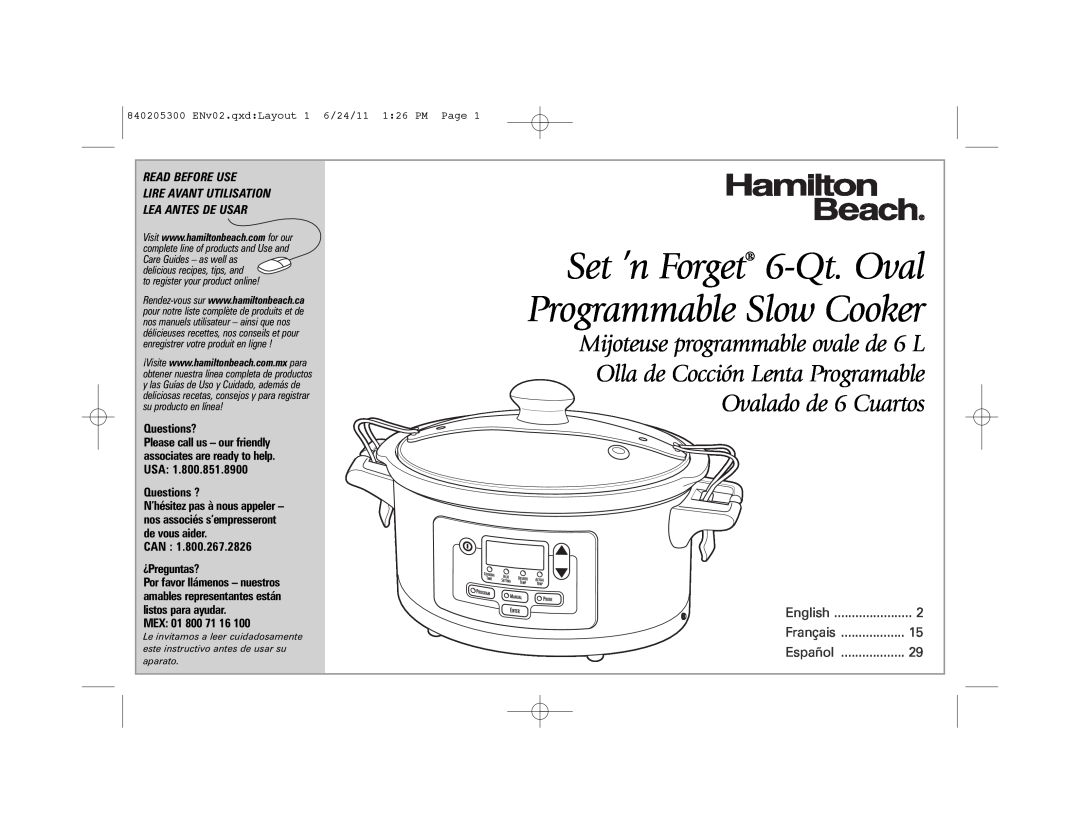 Hamilton Beach 33969 manual Set ’n Forget 6-Qt. Oval Programmable Slow Cooker, Read Before Use, English, Français, Español 