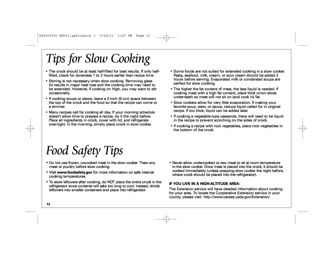 Hamilton Beach 33969 manual Tips for Slow Cooking, Food Safety Tips, If You Live In A High-Altitude Area 