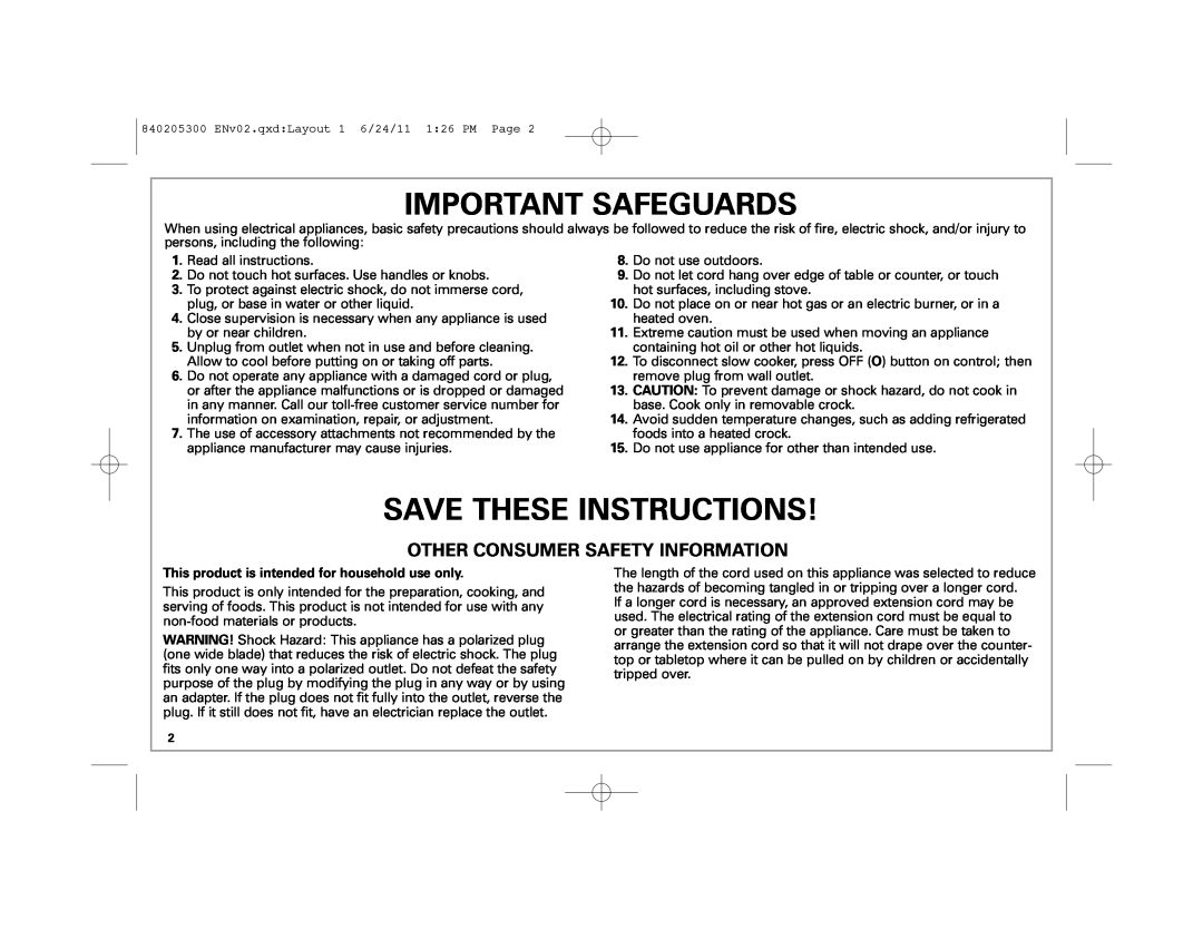 Hamilton Beach 33969 manual Important Safeguards, Save These Instructions, Other Consumer Safety Information 