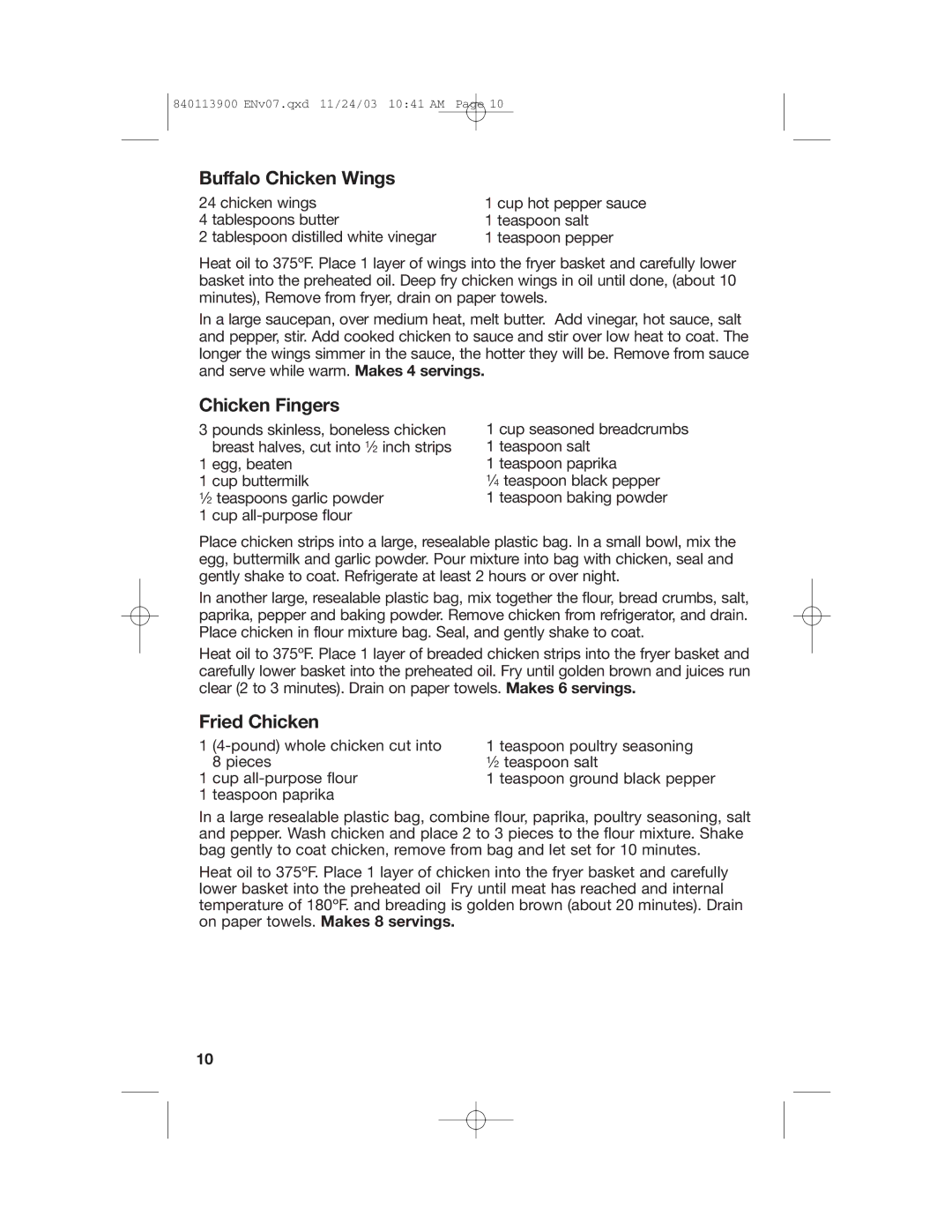 Hamilton Beach 35015 manual Buffalo Chicken Wings, Chicken Fingers, Fried Chicken 