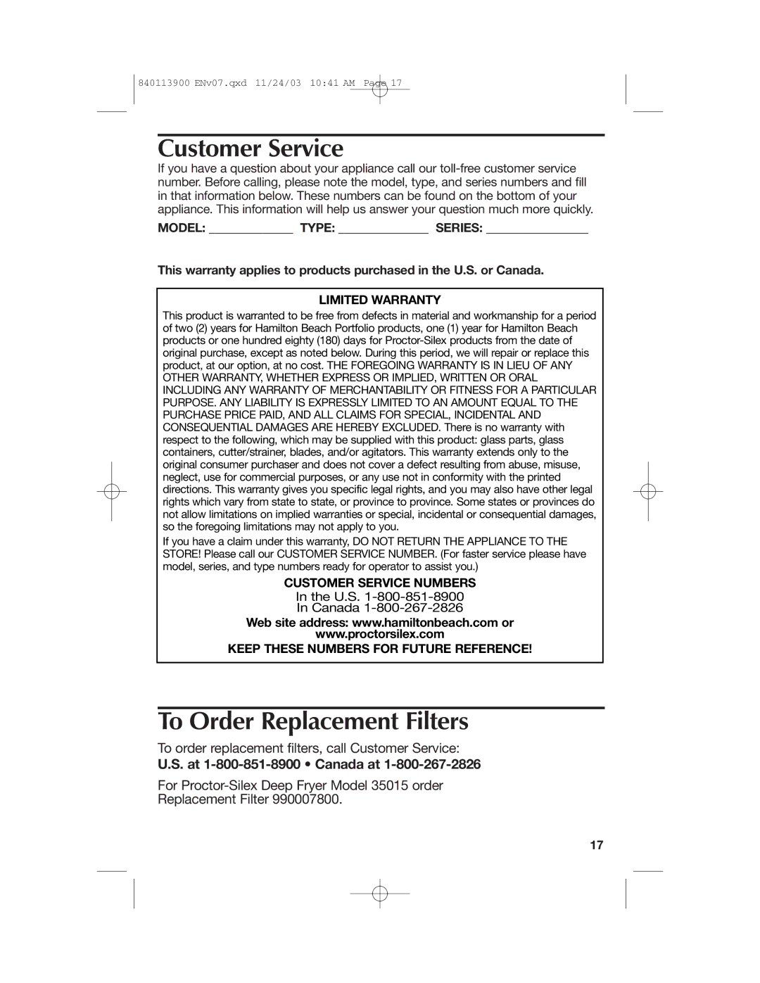 Hamilton Beach 35015 manual To Order Replacement Filters, Limited Warranty, Customer Service Numbers 