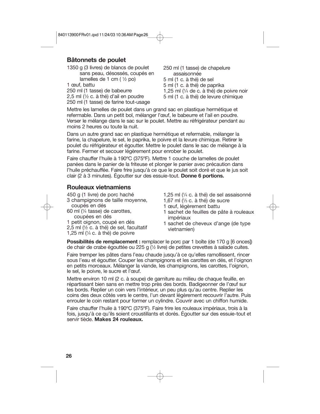 Hamilton Beach 35015 manual Bâtonnets de poulet, Rouleaux vietnamiens 