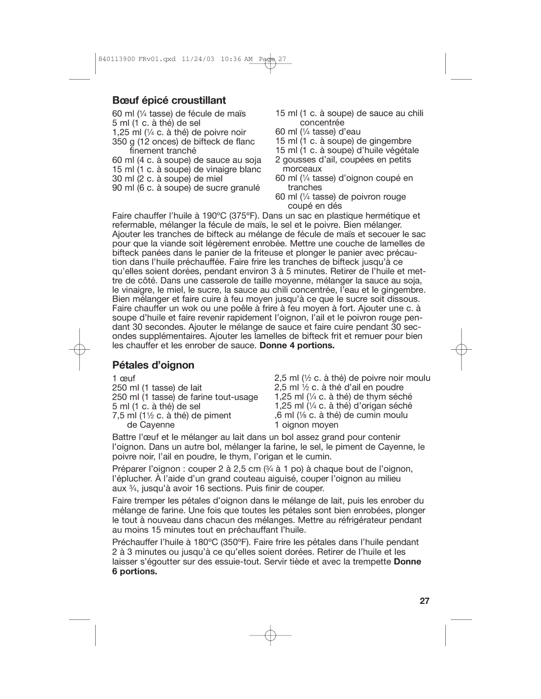 Hamilton Beach 35015 manual Bœuf épicé croustillant, Pétales d’oignon 