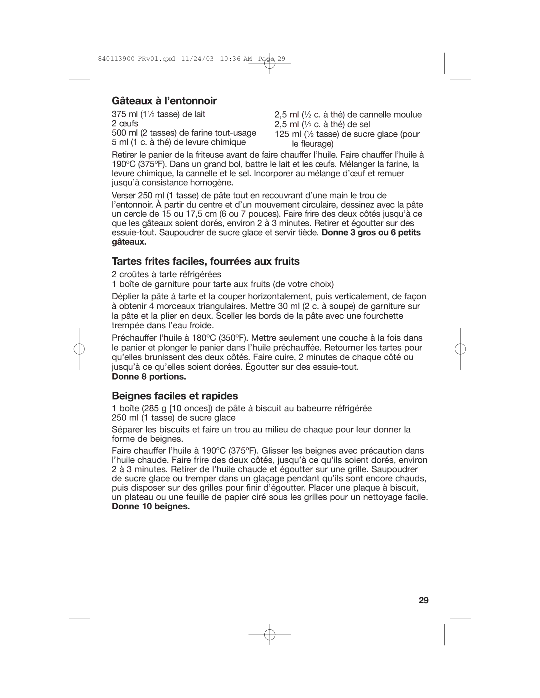 Hamilton Beach 35015 manual Gâteaux à l’entonnoir, Tartes frites faciles, fourrées aux fruits, Beignes faciles et rapides 