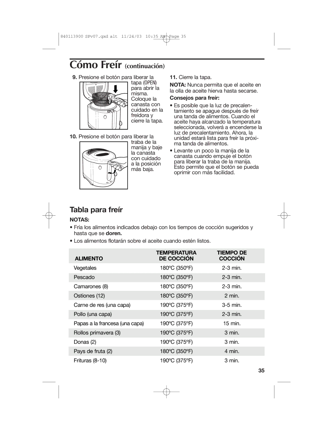 Hamilton Beach 35015 manual Consejos para freír, Notas, Temperatura Tiempo DE Alimento DE Cocción 