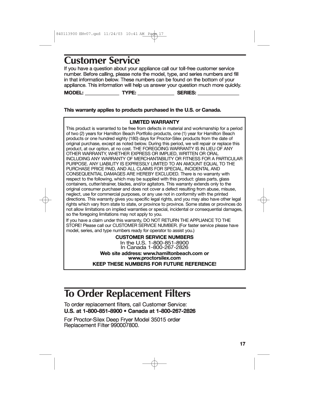 Hamilton Beach manual Customer Service, To Order Replacement Filters, For Proctor-SilexDeep Fryer Model 35015 order 