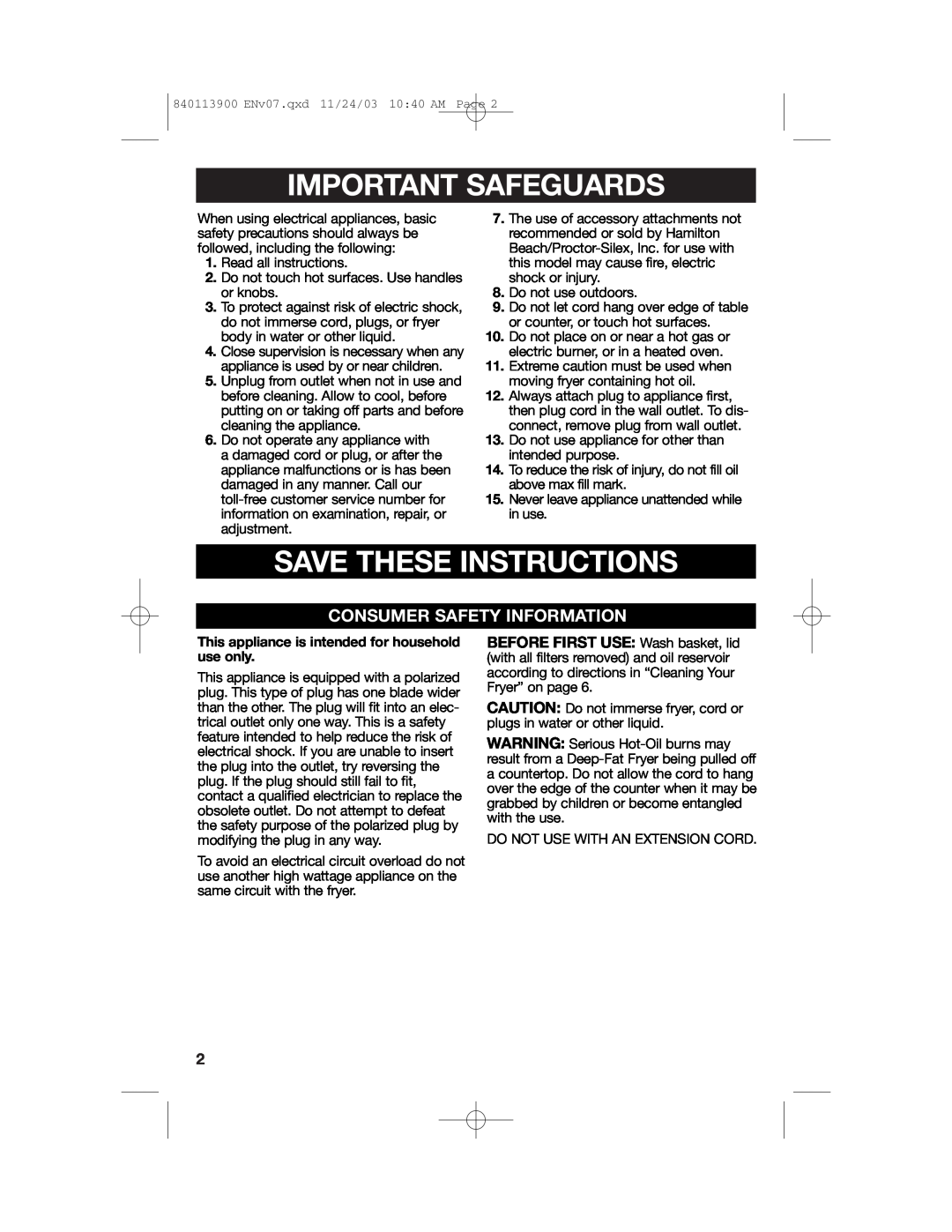 Hamilton Beach 35015 manual Important Safeguards, Save These Instructions, Consumer Safety Information 