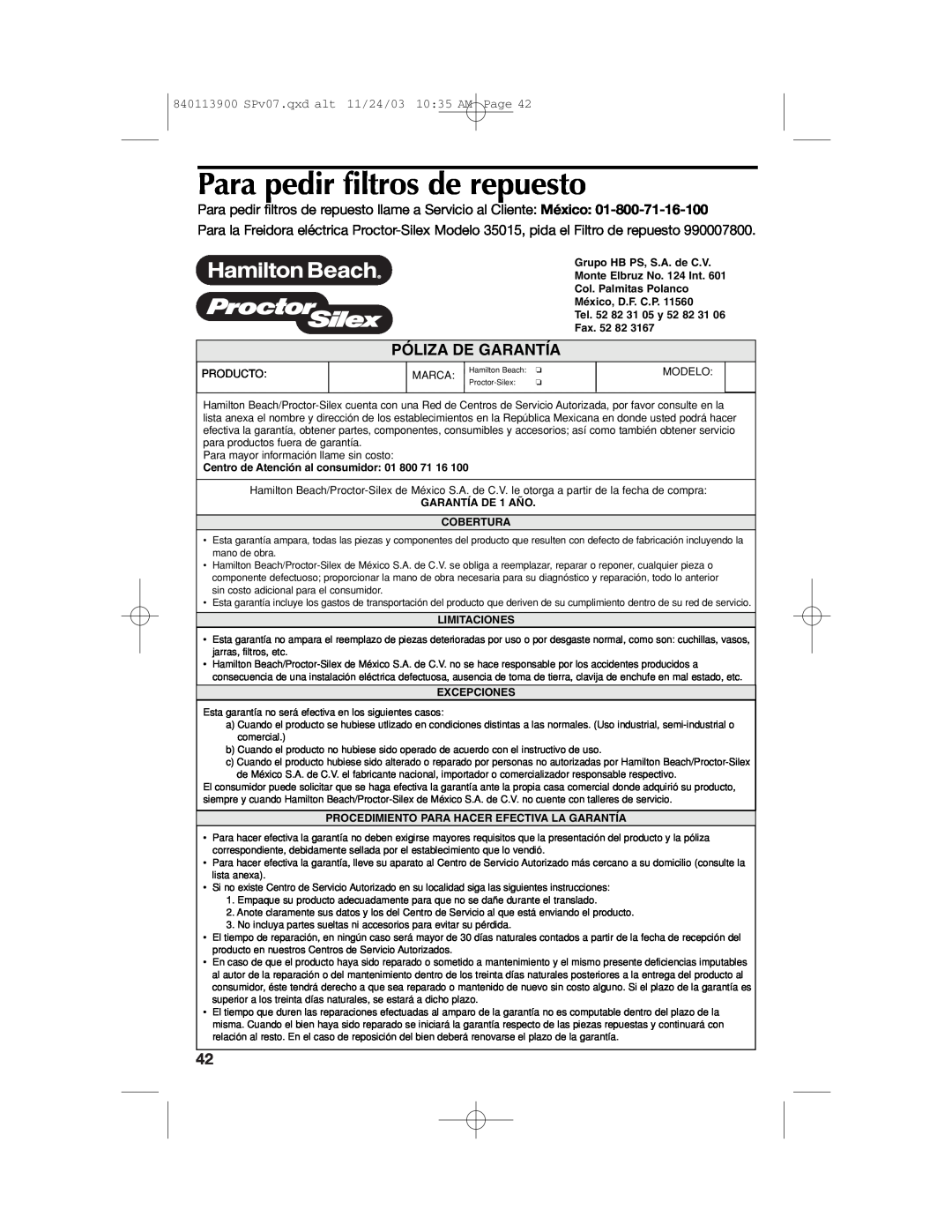 Hamilton Beach 35015 manual Para pedir filtros de repuesto, Póliza De Garantía 