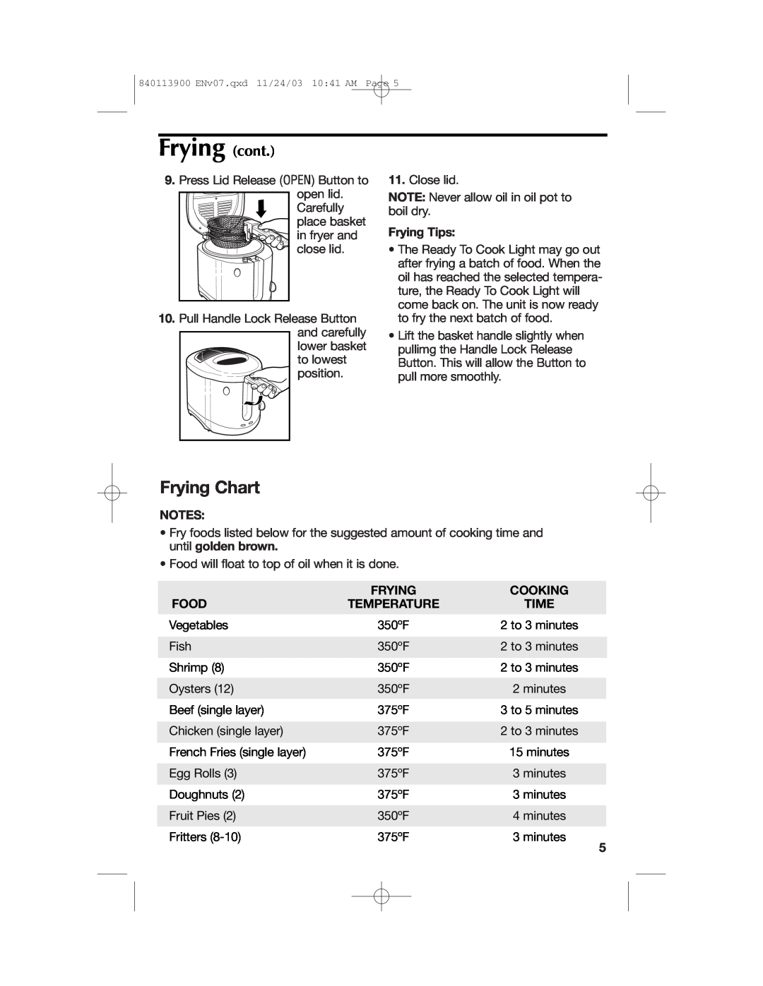 Hamilton Beach 35015 manual Frying cont, Frying Chart 