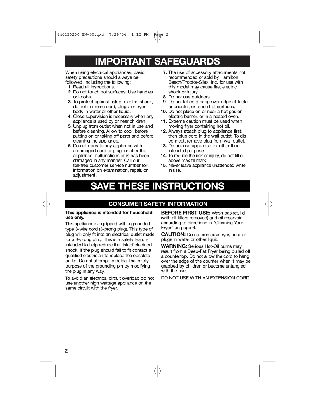 Hamilton Beach 35020C manual Important Safeguards 