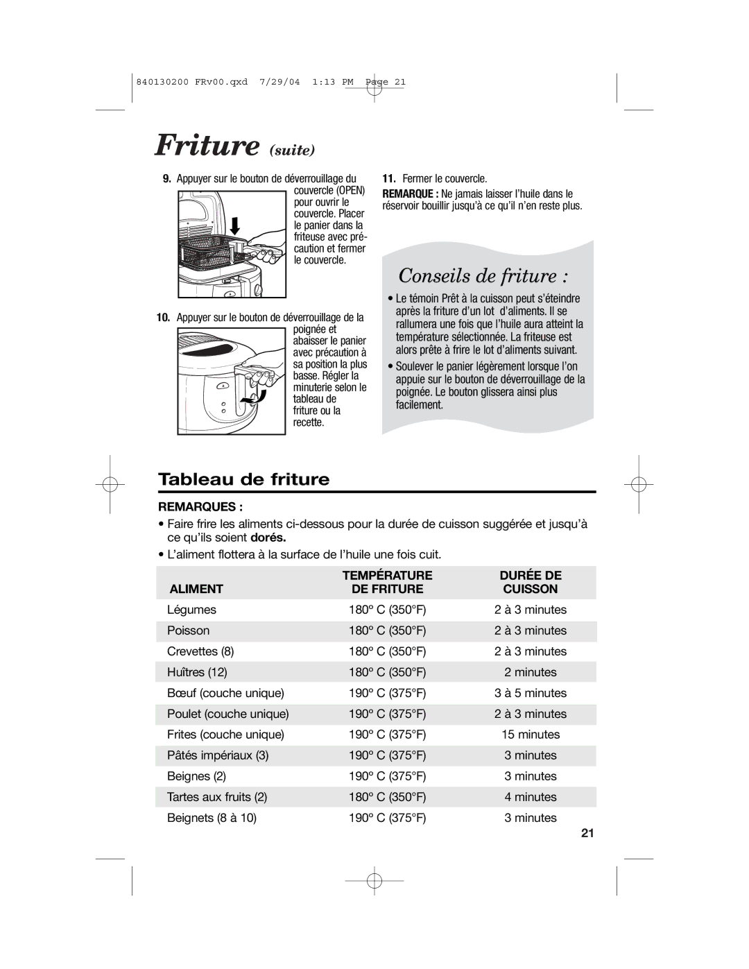 Hamilton Beach 35020C manual Friture suite, Remarques, Température Durée DE Aliment DE Friture Cuisson 