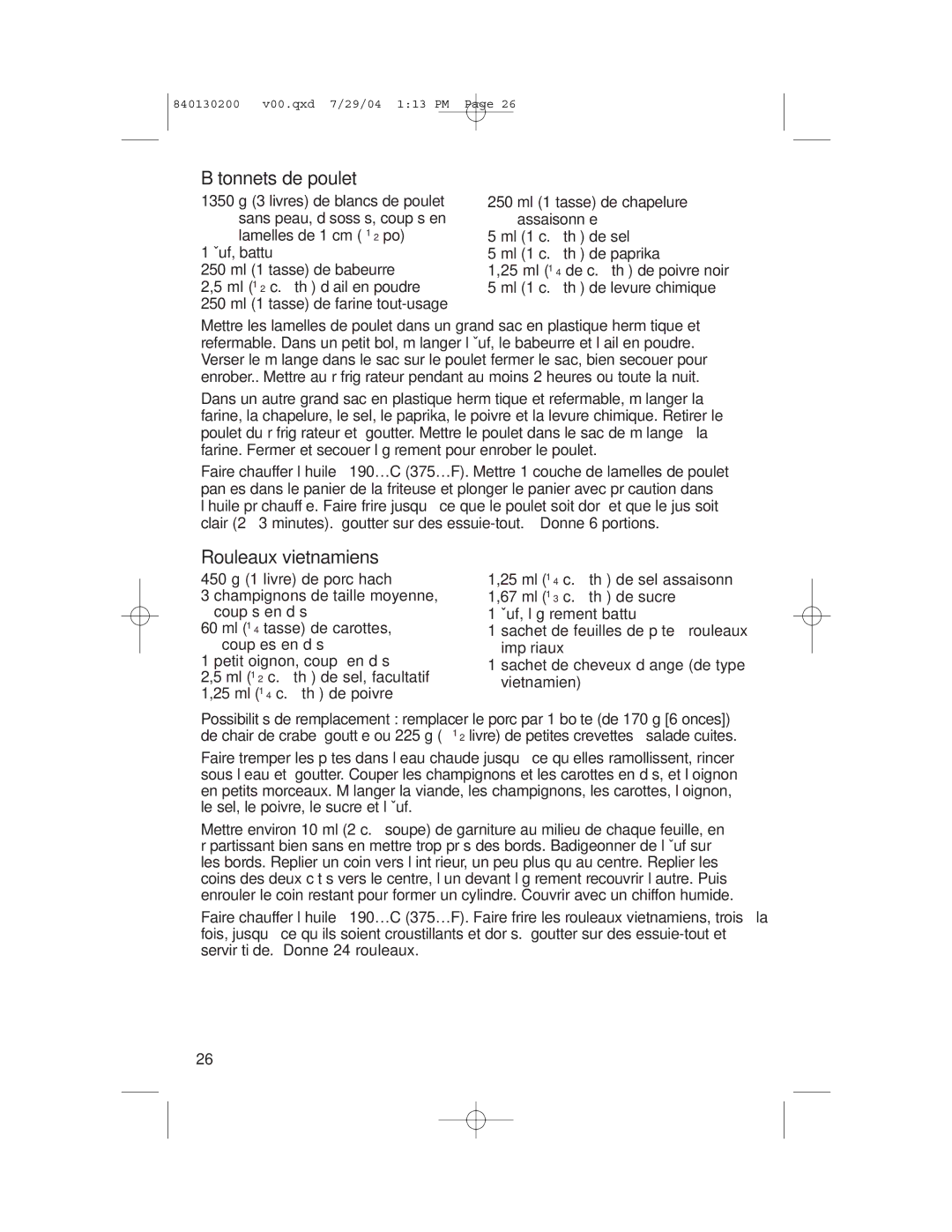 Hamilton Beach 35020C manual Bâtonnets de poulet, Rouleaux vietnamiens 