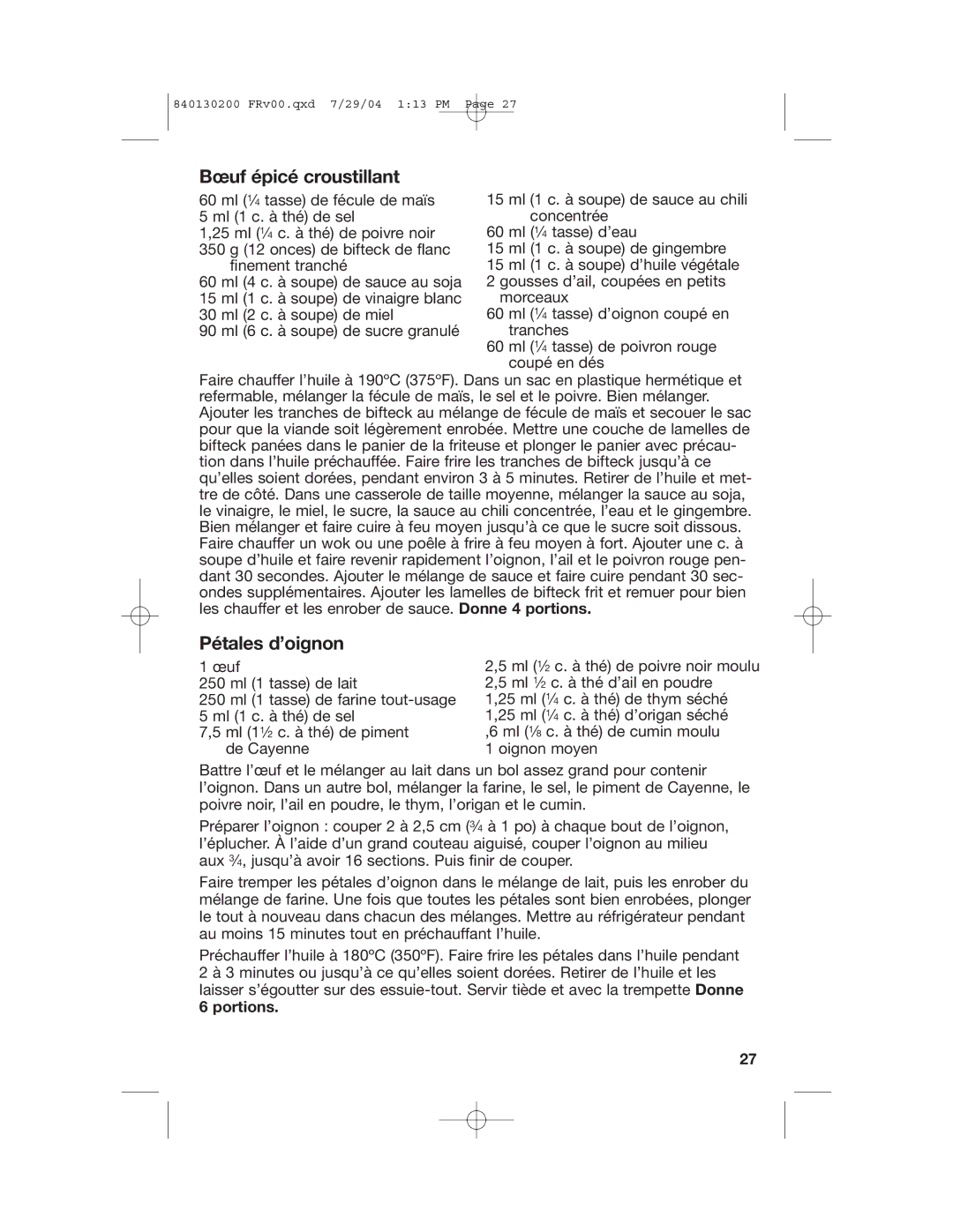 Hamilton Beach 35020C manual Bœuf épicé croustillant, Pétales d’oignon 