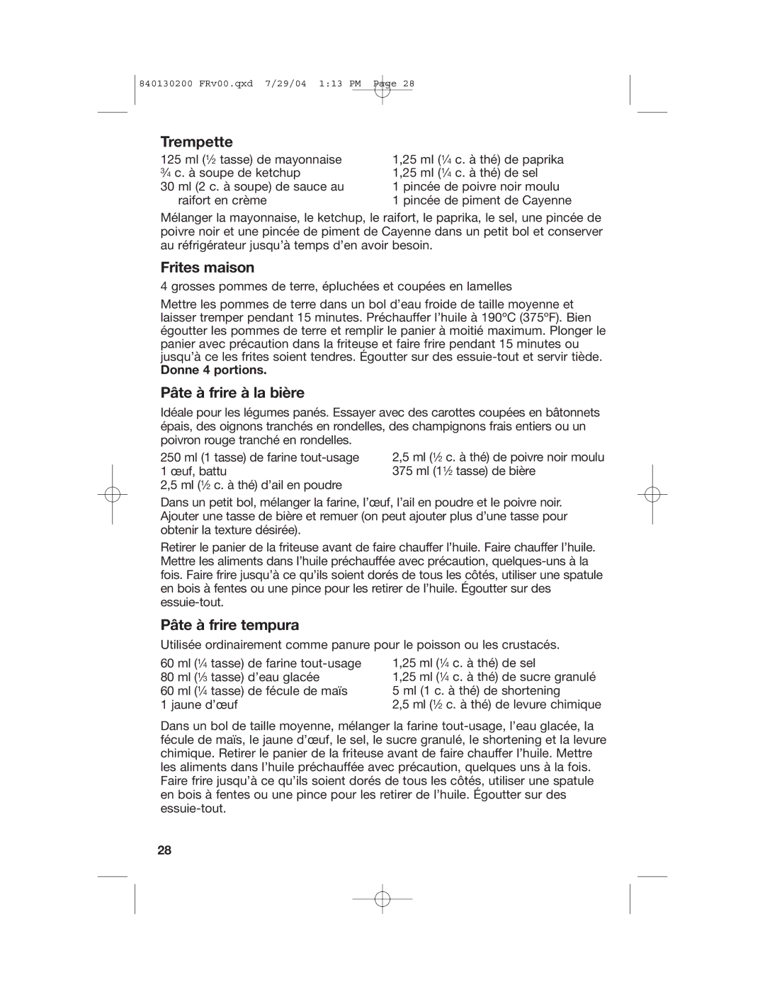 Hamilton Beach 35020C manual Trempette, Frites maison, Pâte à frire à la bière, Pâte à frire tempura, Donne 4 portions 