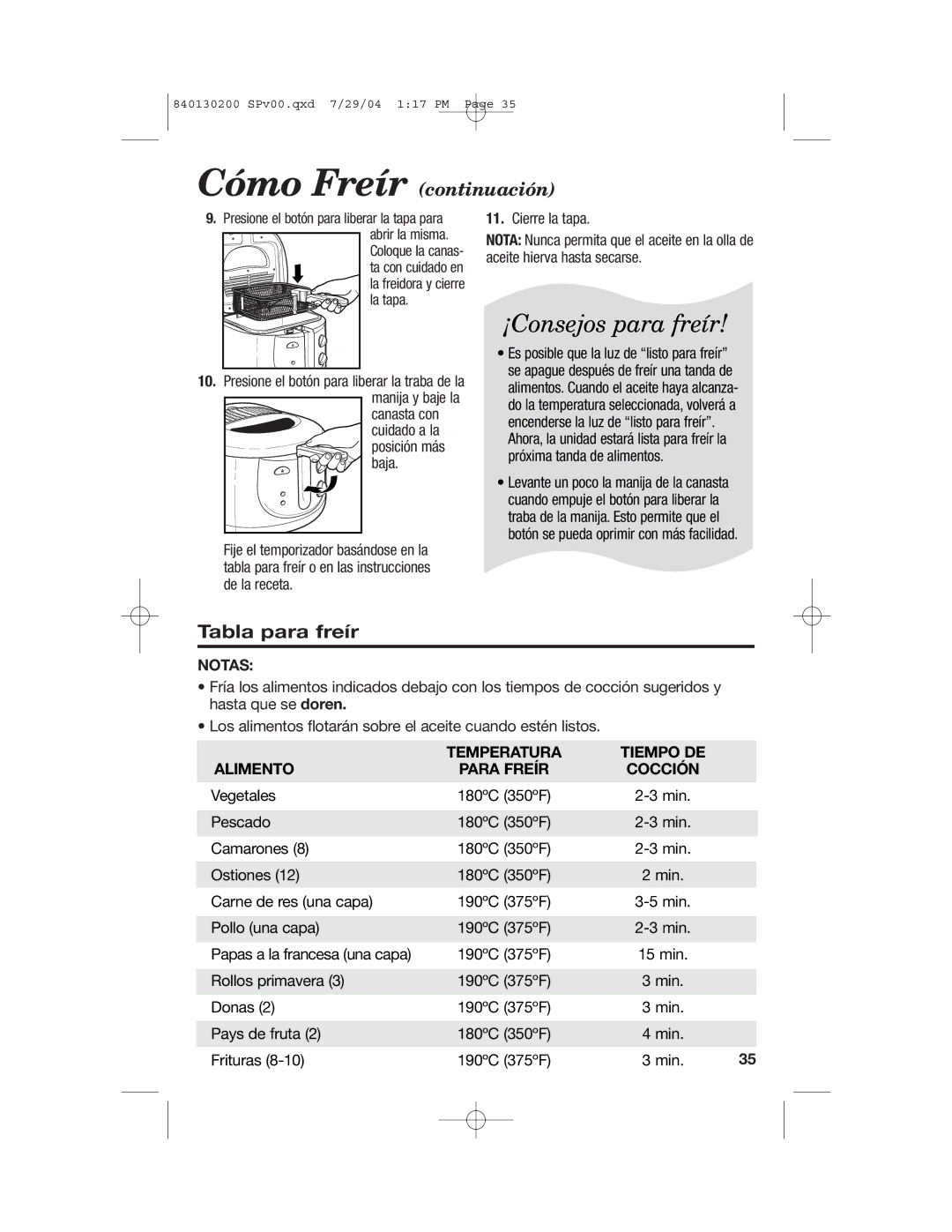 Hamilton Beach 35020C manual Tabla para freír, Notas, Temperatura Tiempo DE Alimento Para Freír Cocción 