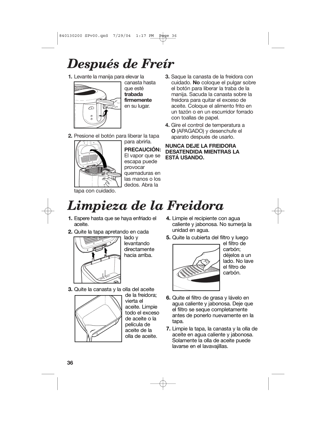 Hamilton Beach 35020C manual Después de Freír, Limpieza de la Freidora, Precaución 