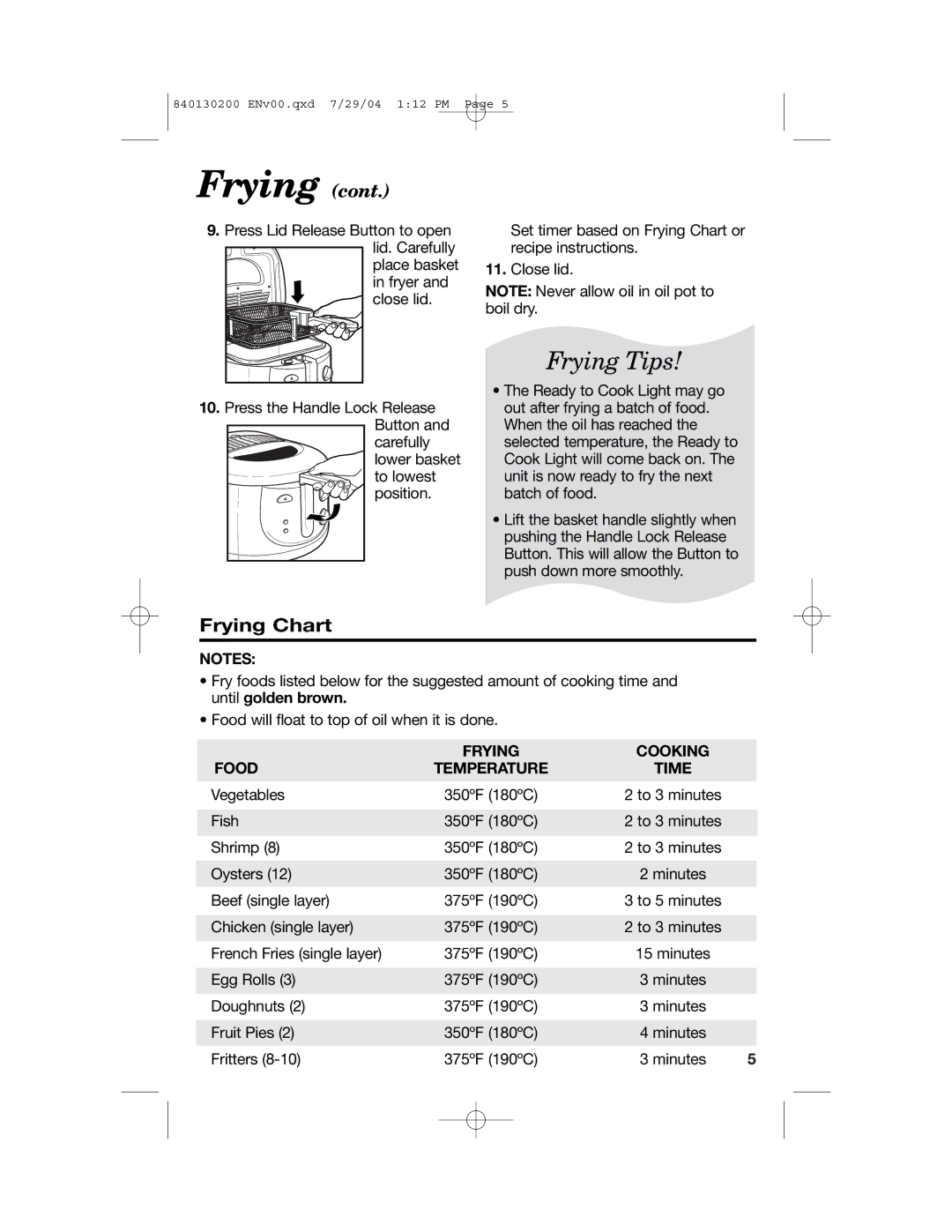 Hamilton Beach 35020C manual Frying Chart, Frying Cooking Food Temperature Time 