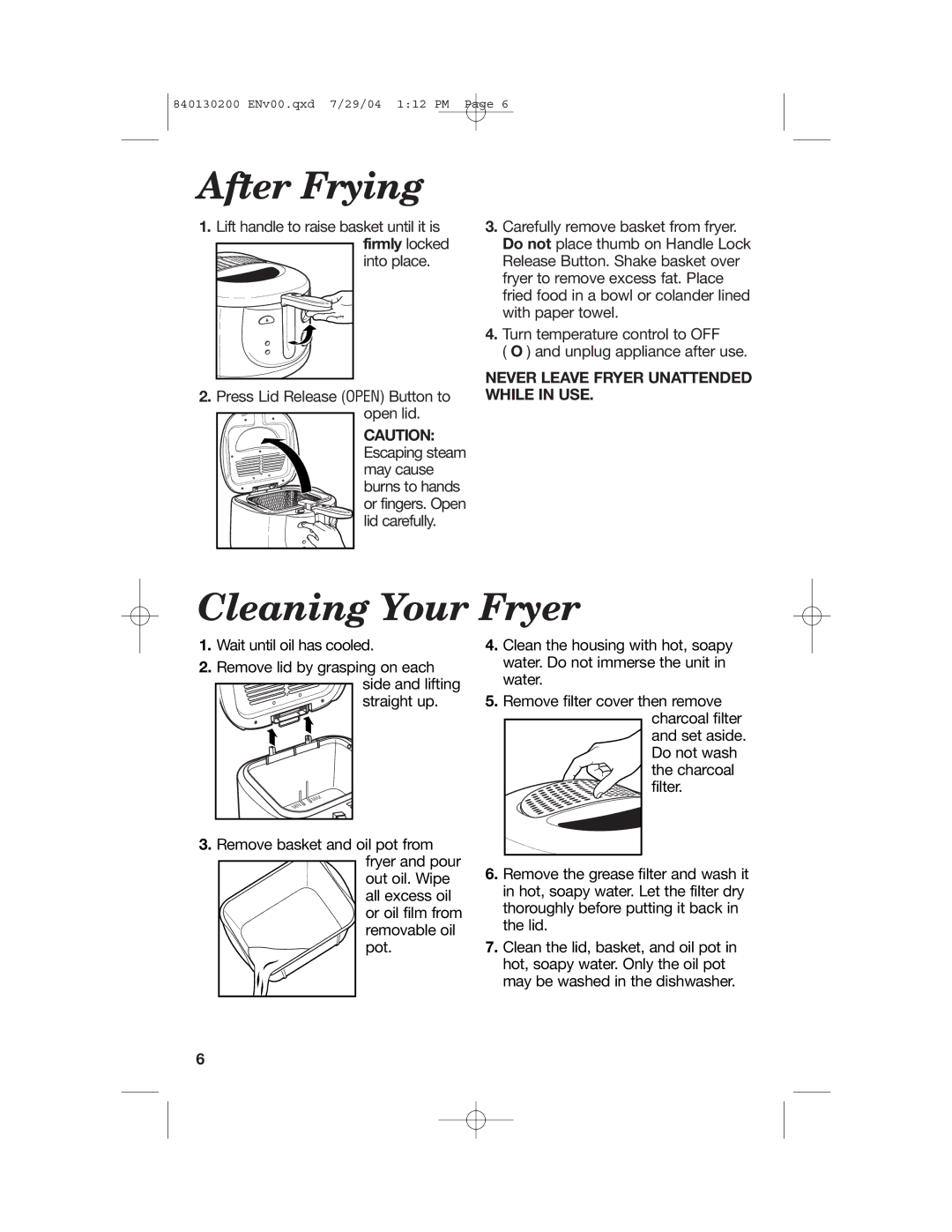 Hamilton Beach 35020C manual After Frying, Cleaning Your Fryer, Never Leave Fryer Unattended While in USE 