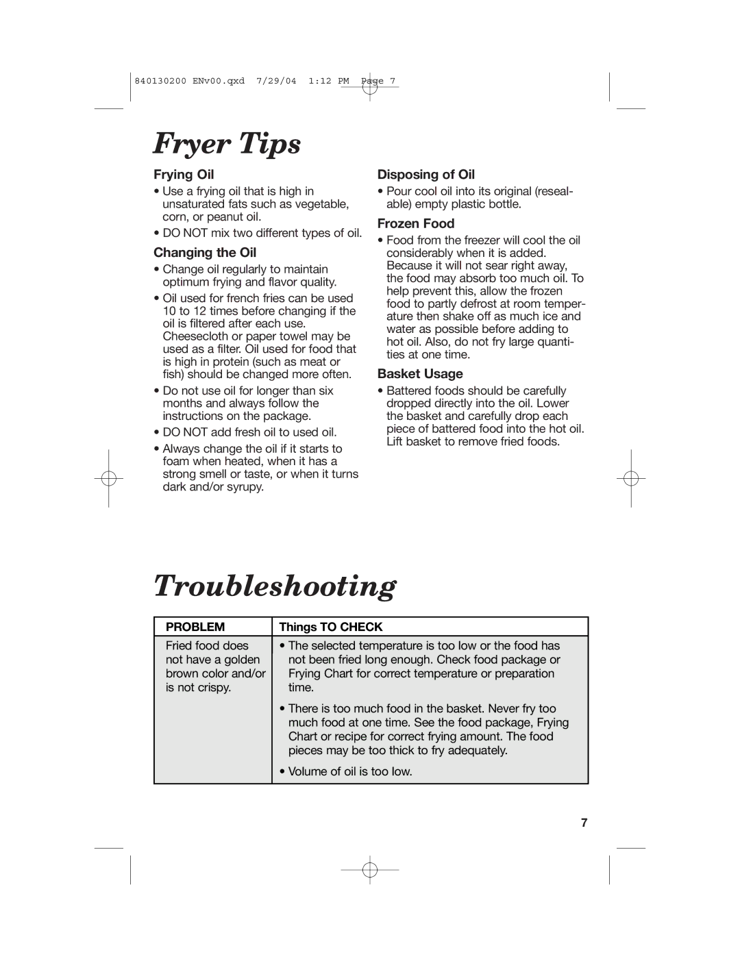 Hamilton Beach 35020C manual Fryer Tips, Troubleshooting, Problem, Things to Check 