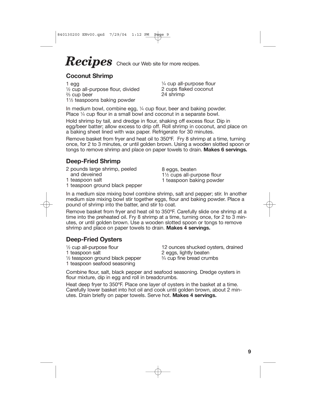 Hamilton Beach 35020C manual Coconut Shrimp, Deep-Fried Shrimp, Deep-Fried Oysters 