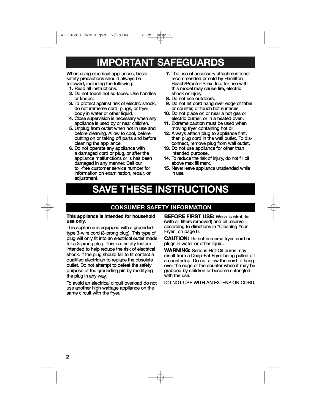 Hamilton Beach 35020C manual Important Safeguards, Save These Instructions, Consumer Safety Information 