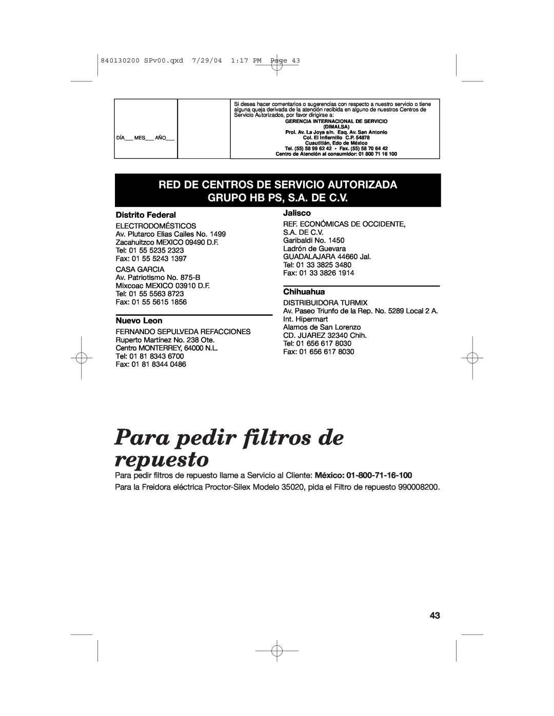 Hamilton Beach 35020C manual Para pedir filtros de repuesto, Red De Centros De Servicio Autorizada Grupo Hb Ps, S.A. De C.V 