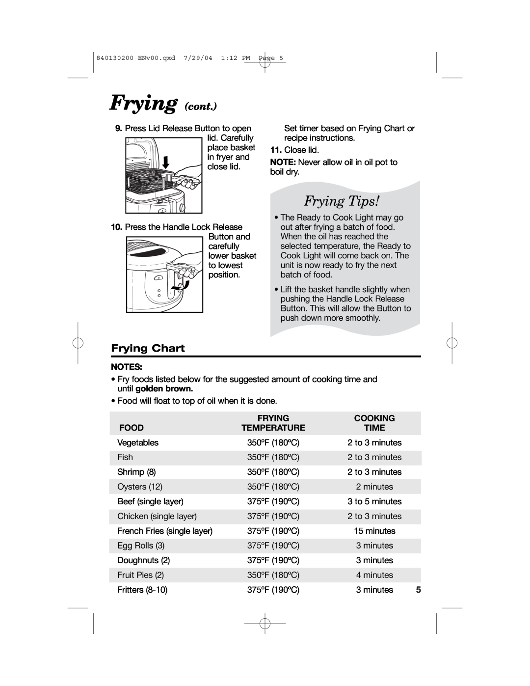 Hamilton Beach 35020C manual Frying cont, Frying Tips, Frying Chart, Cooking, Food, Temperature, Time 