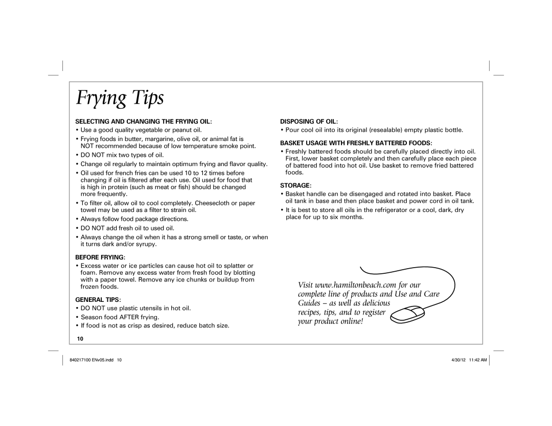 Hamilton Beach 35021 manual Frying Tips 