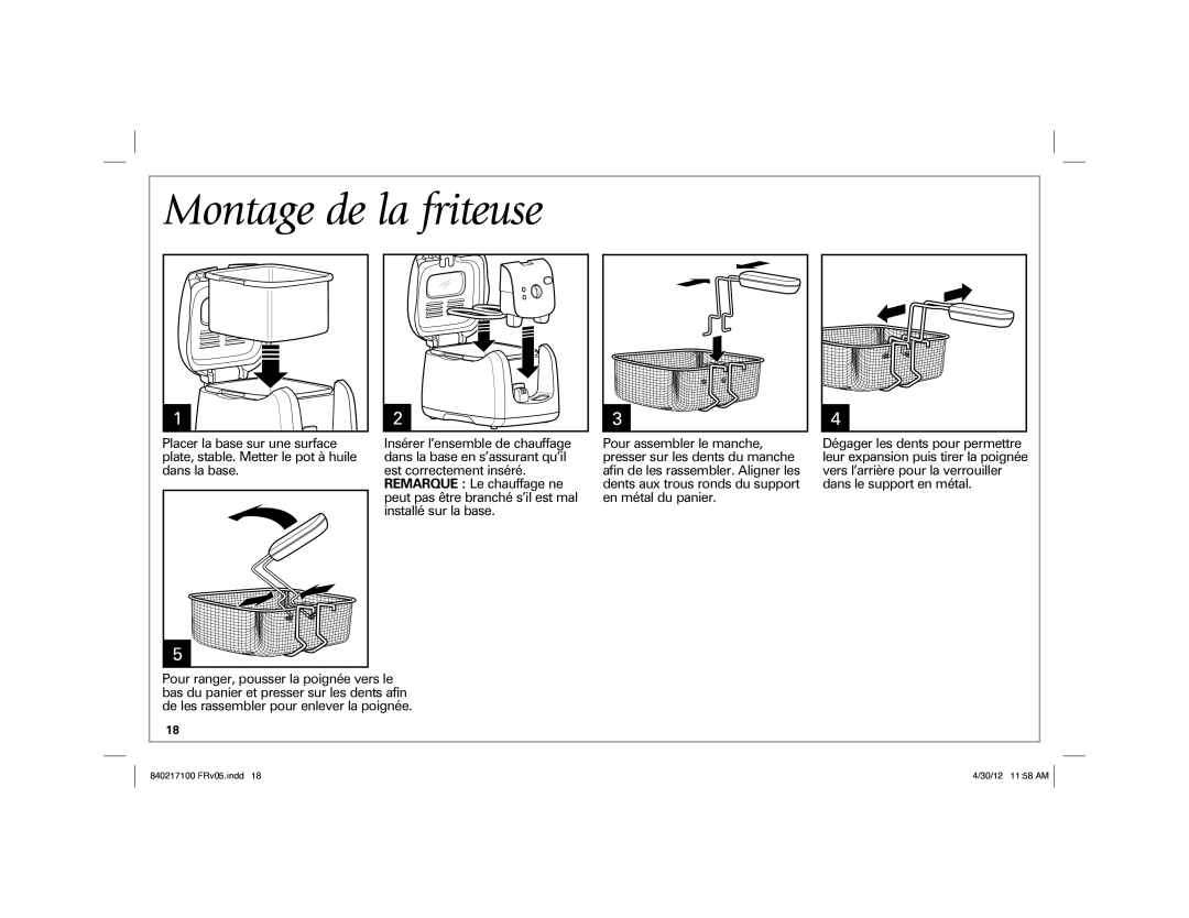 Hamilton Beach 35021 manual Montage de la friteuse 