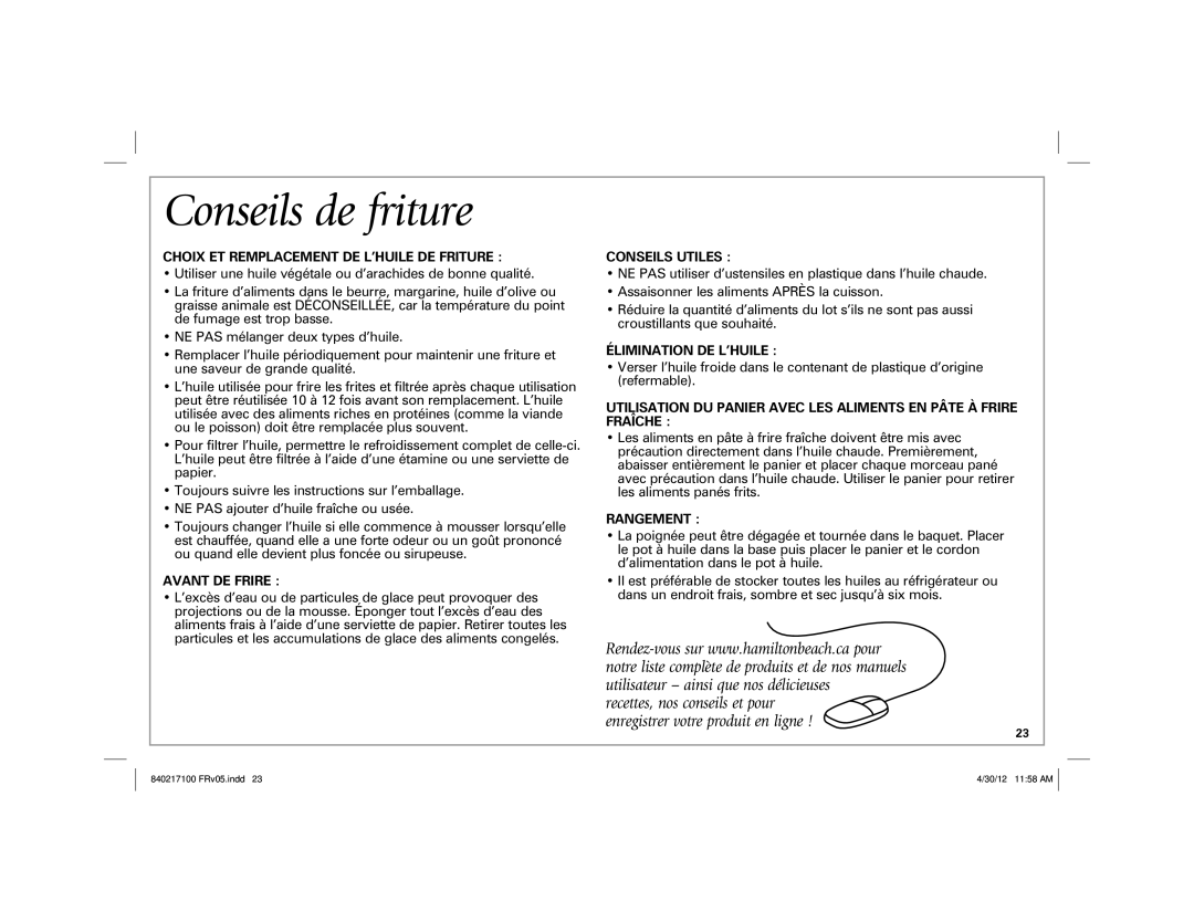 Hamilton Beach 35021 manual Conseils de friture 