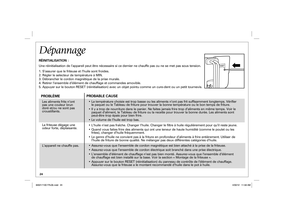Hamilton Beach 35021 manual Dépannage, Réinitialisation 