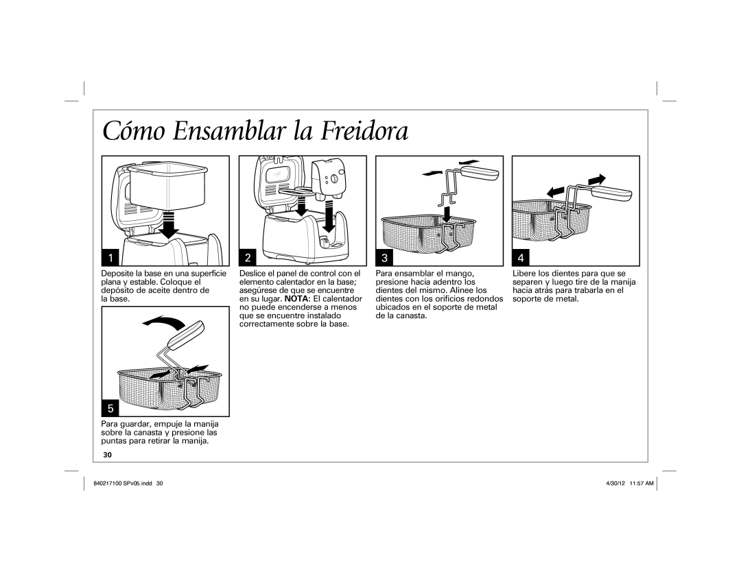Hamilton Beach 35021 manual Cómo Ensamblar la Freidora, La base 