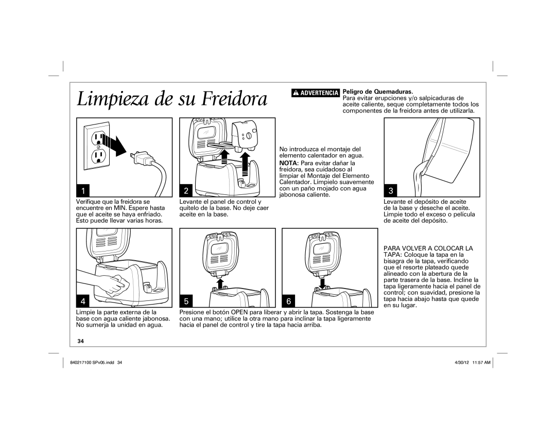 Hamilton Beach 35021 manual Limpieza de su Freidora, Advertencia Peligro de Quemaduras 