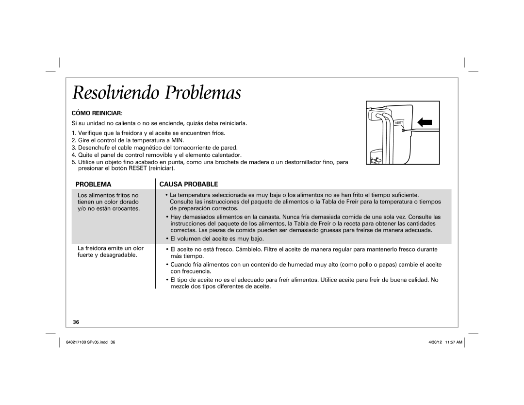 Hamilton Beach 35021 manual Resolviendo Problemas, Cómo Reiniciar 