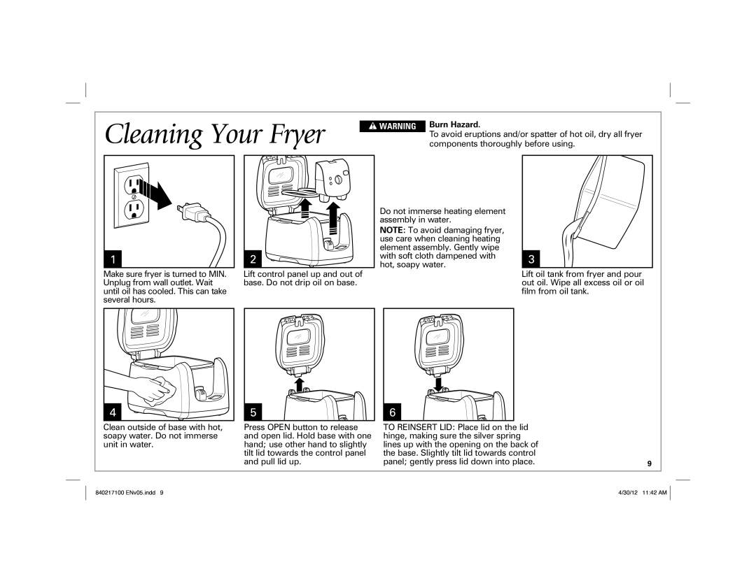 Hamilton Beach 35021 manual Cleaning Your Fryer, Burn Hazard 