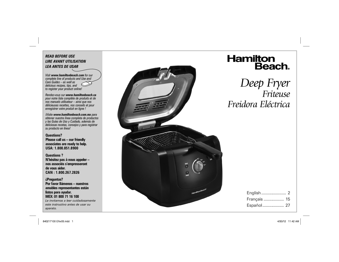 Hamilton Beach 35021 manual Deep Fryer, Friteuse Freidora Eléctrica, Read Before Use, English, Français, Español 