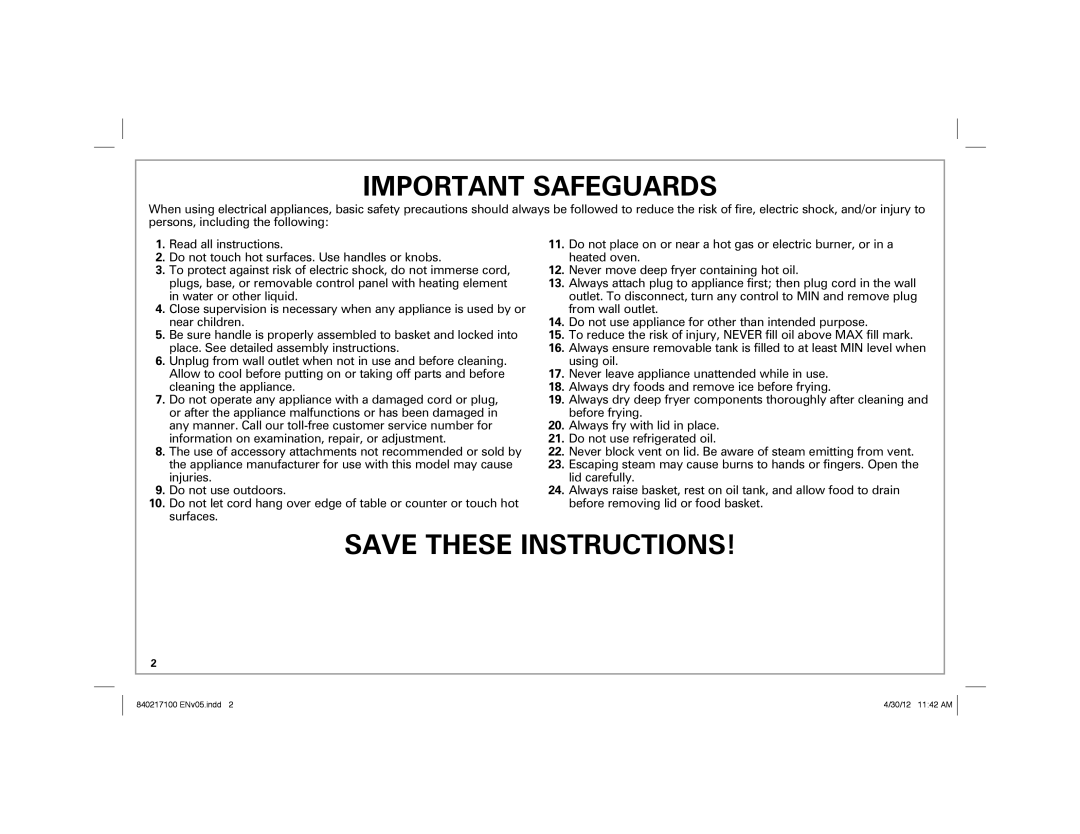 Hamilton Beach 35021 manual Important Safeguards, Save These Instructions 